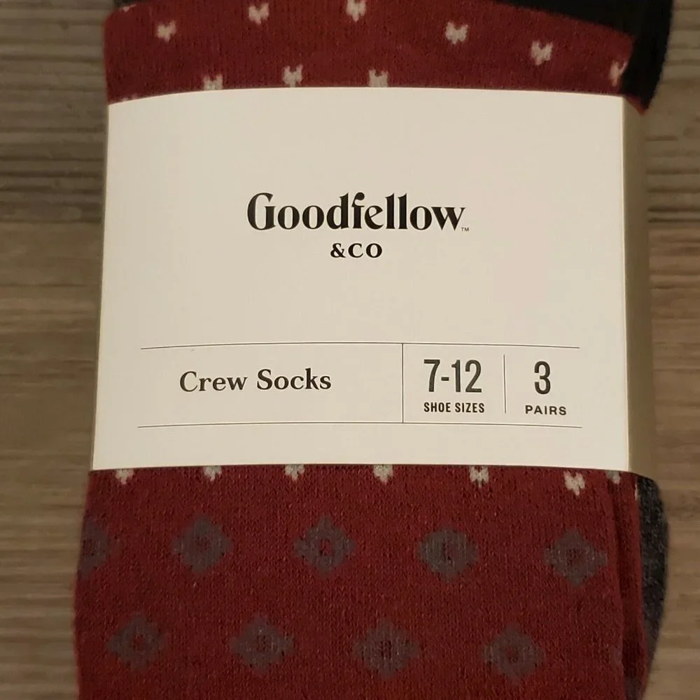 New Mens Goodfellow & Co 3 pack Crew Socks Wine print/Gray Solid/Black Size 7-12